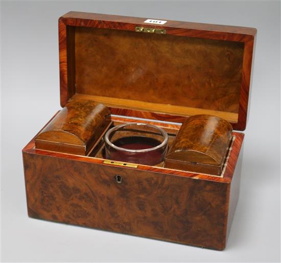 A Victorian burr walnut tea caddy length 30.5cm (locked, no key)